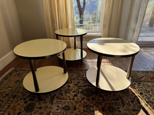3 Vintage Mid Century Modern Round End Tables Formica And Walnut Lemon Yellow - Picture 7 of 24