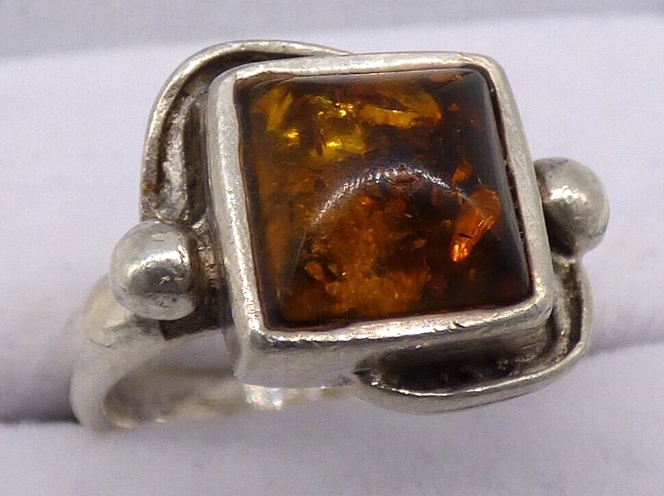 Amber Gemstone Ring Sterling Silver 925 Size 5.5 Square Designer Estate Vintage Foto 3 de 4