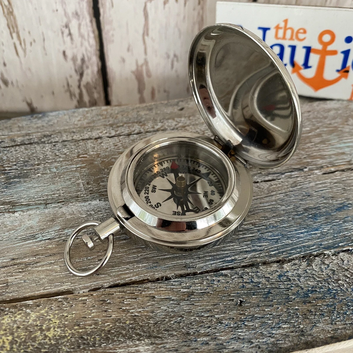 Silver Finish Brass Push Button Compass Pocket Style Nautical Navigation