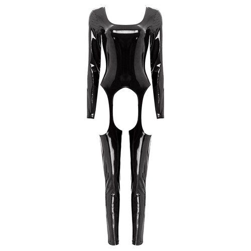 Damen Kunstleder Jumpsuit Overall Wetlook Body mit Hosenträger Strümpfe Clubwear - Bild 21 von 39