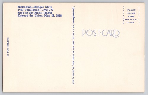 Postcard Greetings From Wisconsin State Map Flag Bird Flower Unposted JF1.26 - Picture 2 of 2
