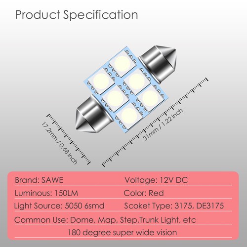 20 x SAWE Red 31MM Festoon 5050 6SMD Dome Map LED Light Bulbs DE3175 DE3022 - Picture 2 of 6