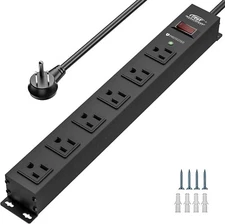 6 Outlet Heavy Duty Power Strip with Switch, Metal Mountable, Surge Protector