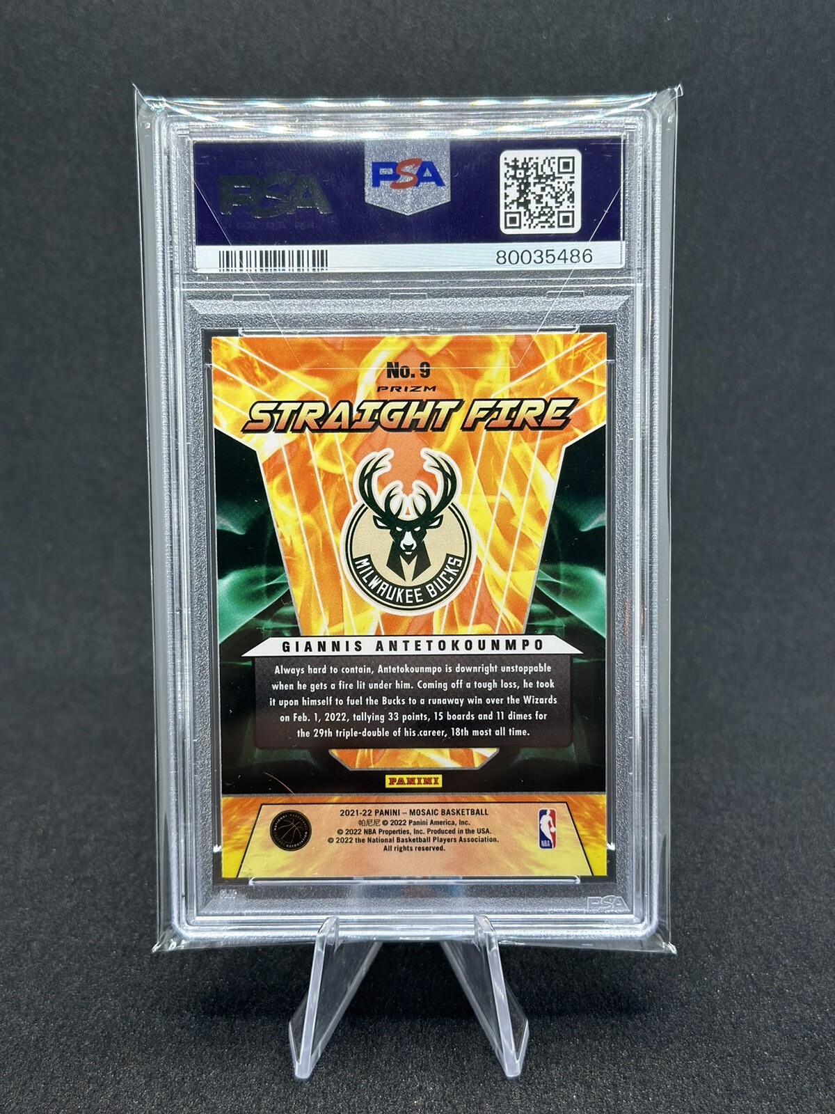 Giannis Antetokounmpo 2021-22 Panini Mosaic Straight Fire PSA 10 Bucks view 2