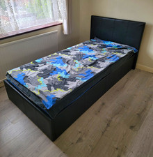 Black Faux Leather Single Ottoman Lift-Up Storage Bed Frame Slatted Headboard