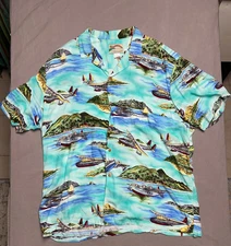 Vintage Paradise Found - Men's 3X Turquoise Blue Sea Plane Hawaiian Shirt