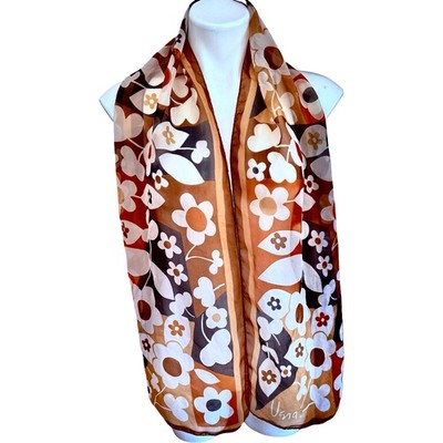 Vintage Vera Neumann 1970s Silk Scarf Mod Daisy Brown Rust 12x62