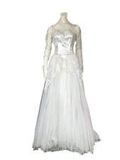 vintage 1950s white satin and lace wedding dress / 50s floral bridal gown size S