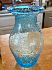 VTG Hand Blown Art Glass Swirl Varying Size Bubbles Blue Aqua Vase Heavy
