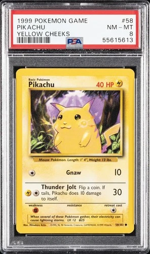 1999 POKEMON BASE SET UNLIMITED YELLOW CHEEKS #58 PIKACHU PSA 8
