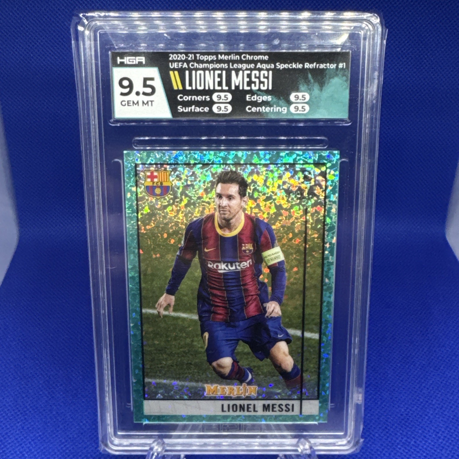 Lionel Messi 2020 Merlin Chrome #1  Aqua Speckle Refractor /175 HGA9.5