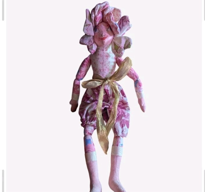 Handmade-Style Floral Rag & Cloth Girl Doll Petal Hair Blue Eyes Fantasy Vintage