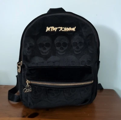 Betsey Johnson Black “Head of the Class” Skull Pattern Velour Backpack - Photo 1/4