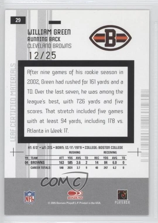 2005 Leaf Certified Materials Mirror Gold /25 William Green #29 - Image 2 of 2