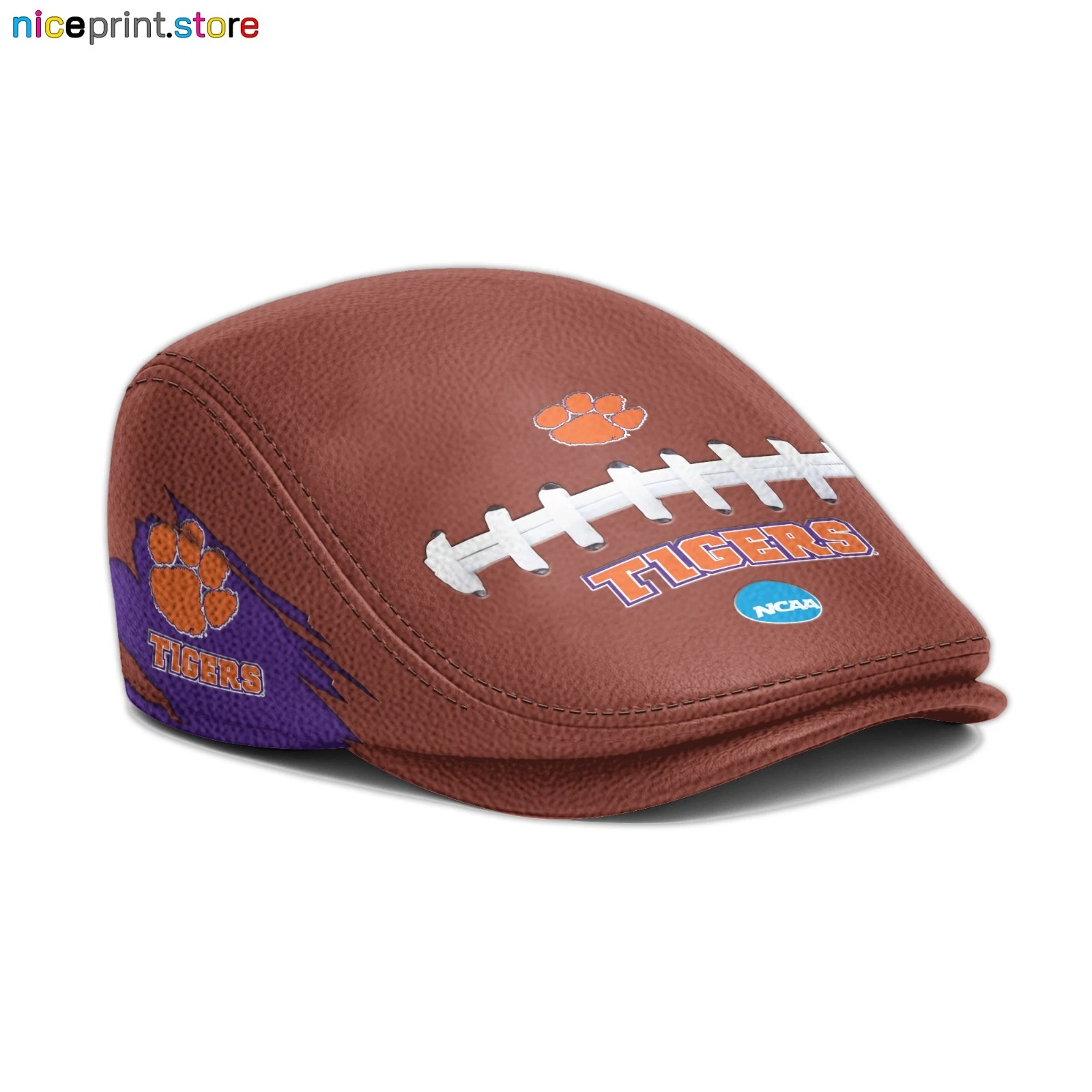 Clemson Team Tigers Leather Jeff Cap NCAA Driver Cap NCAA Leather Flat Cap