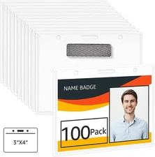 Amazon Basics Horizontal Magnetic Badge Holder - Pack of 100 Clear 4.3 by 3.4 in