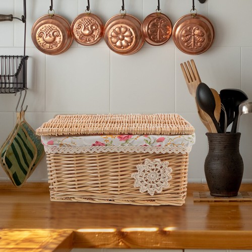 Office Storage Bins Large Woven Basket with Lid Wicker Natural - Picture 4 of 12