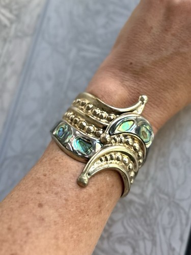 Rare Vintage Silver Abalone Hinged Cuff | Handmade - Stamped - Picture 8 of 10