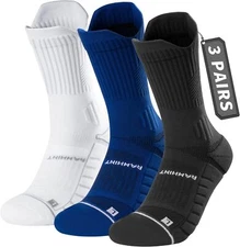 Coolmax Compression Running Socks 3 Pairs, Cushion 3-6, Black + White + Blue 
