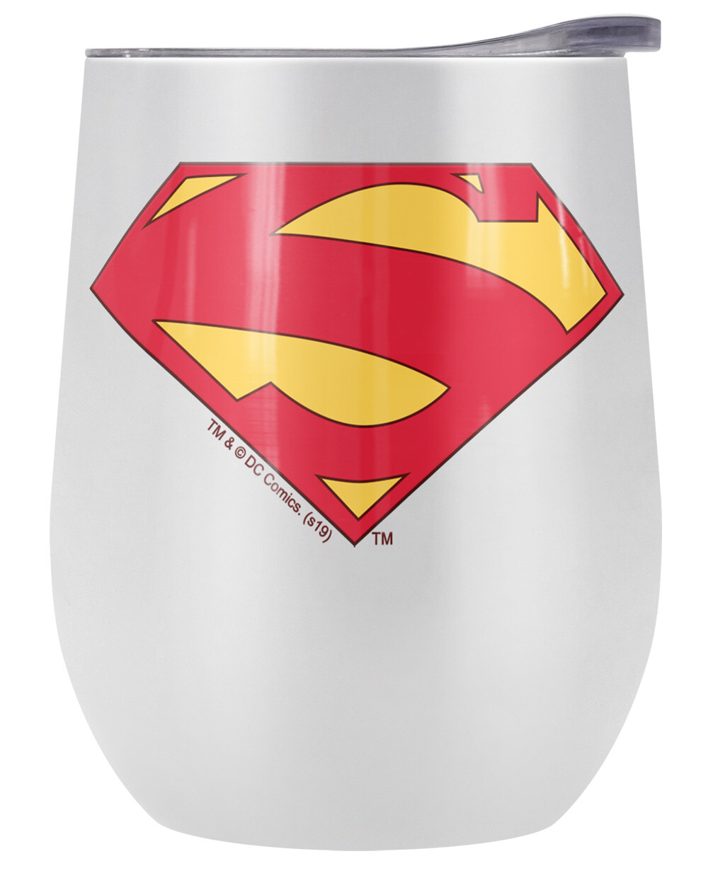 Superman Shield Logo Pattern 12oz Wine Tumbler White Insulated Leak Resistant