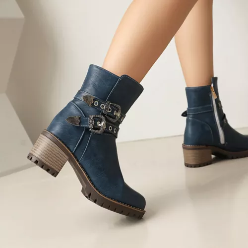 Women Booties Mid Chunky Heel Round Toe Zip Up Casual Buckle Fashion Ankle Boots - Bild 7 von 29