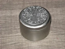 VINTAGE SMALL ROUND TRINKET TIN ODEN 1974 PEWTER 3D LID LEATHER DESIGN,INC.