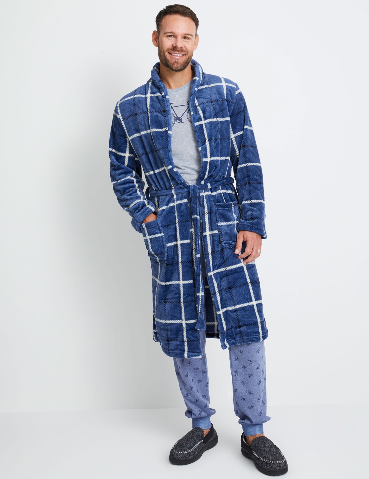 Mens Winter Robe Blue Dressing Gown Check Sleepwear Knee Length