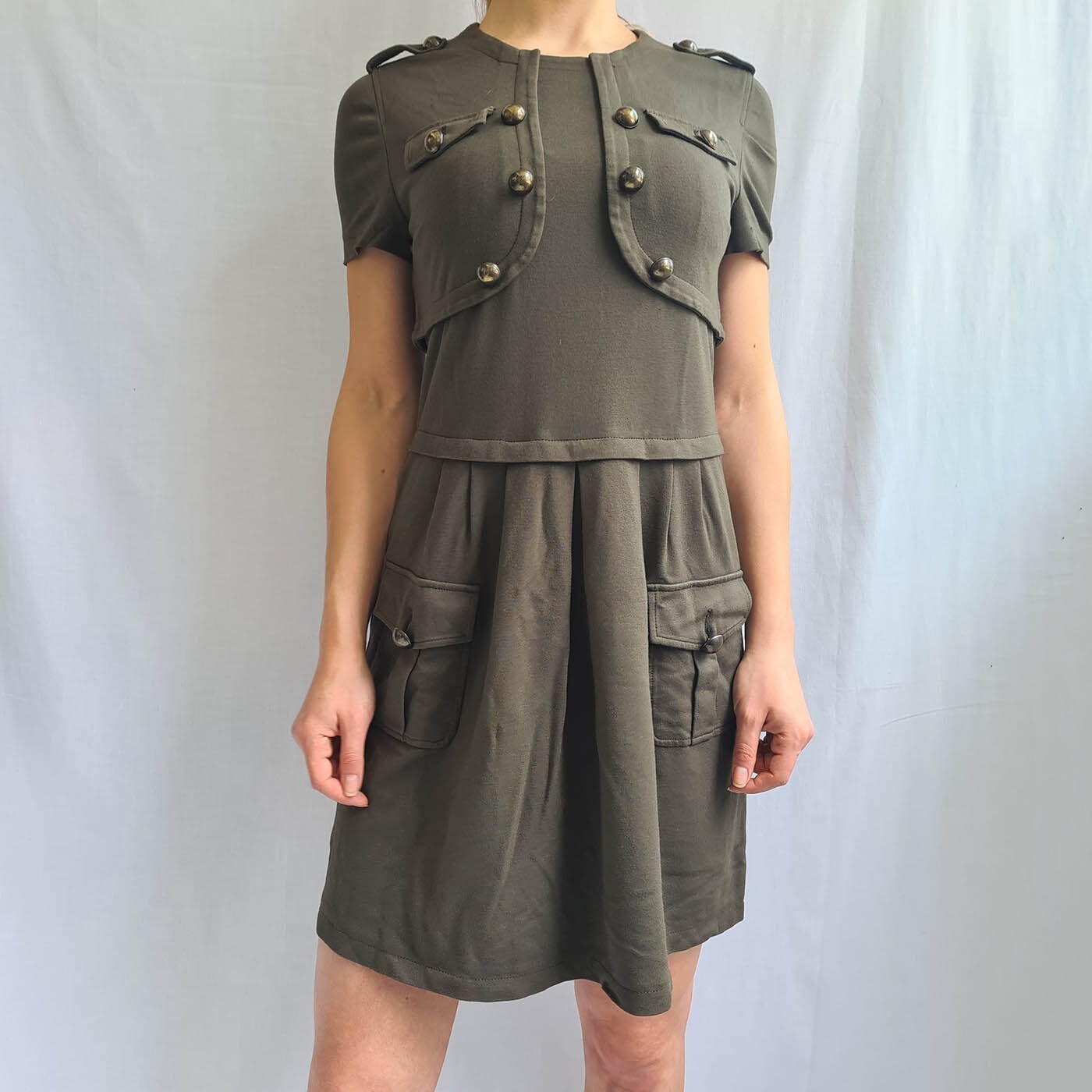 Vestido Moschino Barato y Chic Línea A Talla UK 10 EU 38 Midi Militar Verde E...