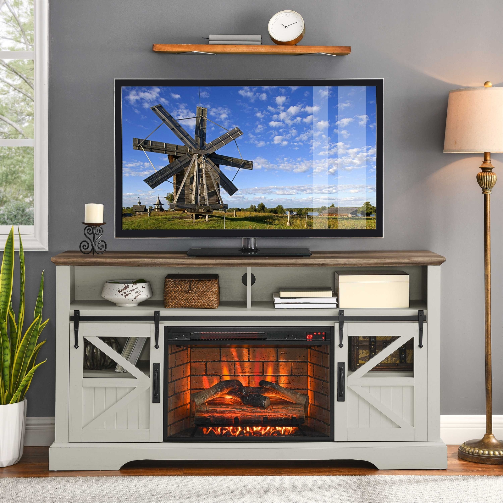 60''  Electric Fireplace Entertainment Center w/ RC & Door Sensor-Jasmine White