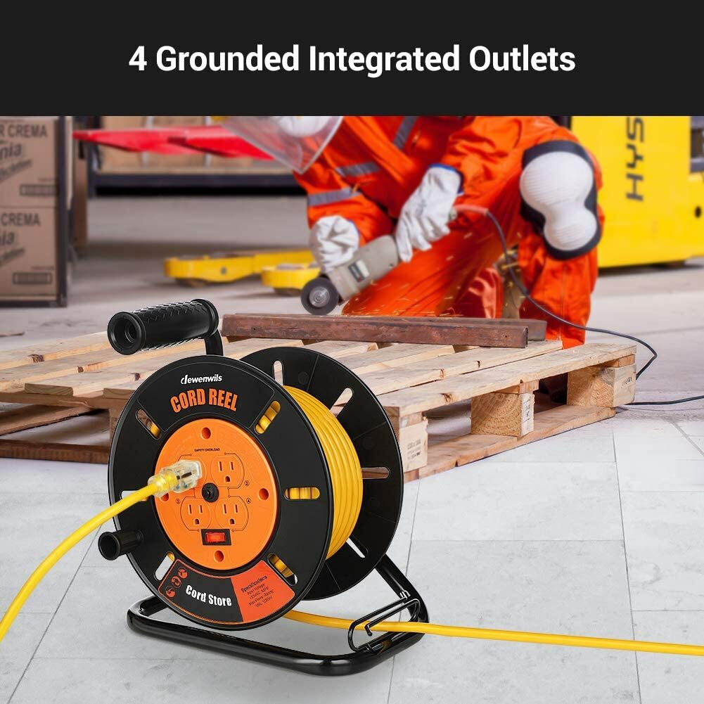 DEWENWILS Extension Cord Storage Reel Open Cord Reel with 4-Grounded Outlets