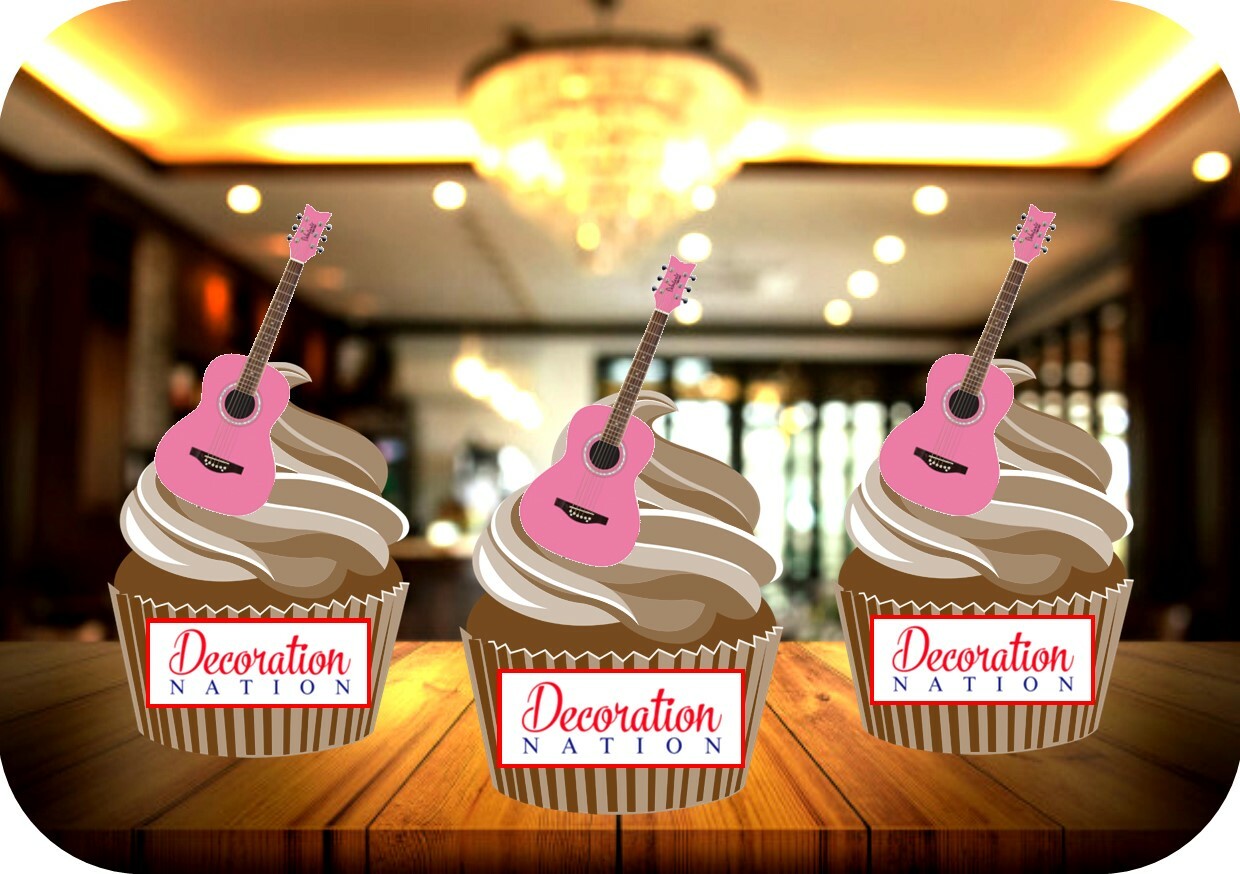 Pink Acoustic Guitar 12 Edible STANDUP Cake Toppers Decoration Birthday Music