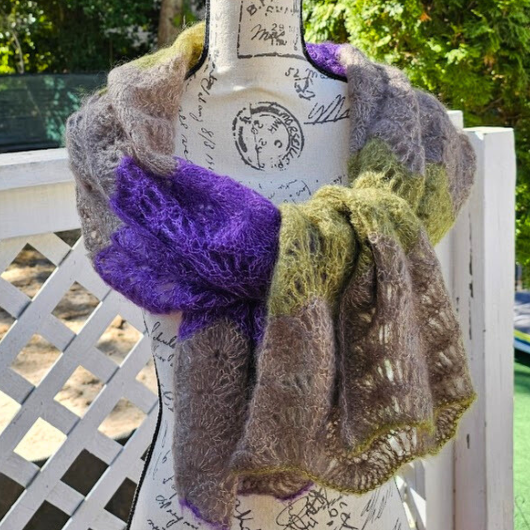Luxury Handmade Cashmere Wool Silk Crochet Scarf for Women in Purple Green-image