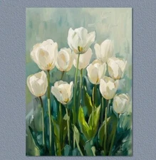 Art Canvas Print of Oil Painting White Tulips Poster Canvas Wall Art 16 x 24"