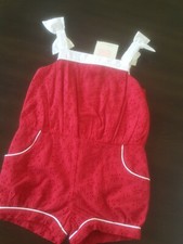 Janie and Jack NWT Red embroidery flowers romper 4th July white bow VTG look