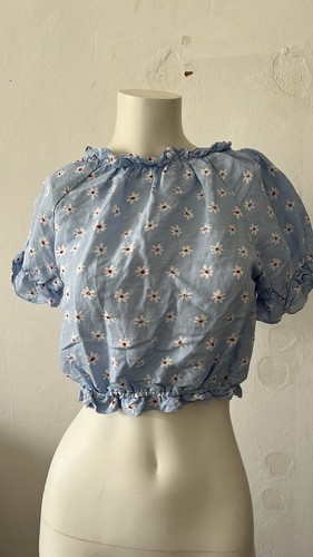 Zara XS Ditsy blue white Daisy Ruffled button down Deep Scoop Neck crop top - Picture 6 of 6