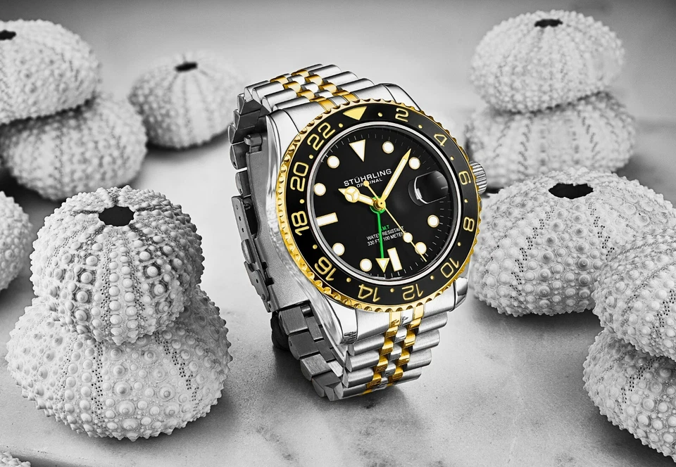 Stuhrling Aqua-Diver 3968 石英男士腕表 2 色表链黑色表盘腕表 — 第 3/4 张图片