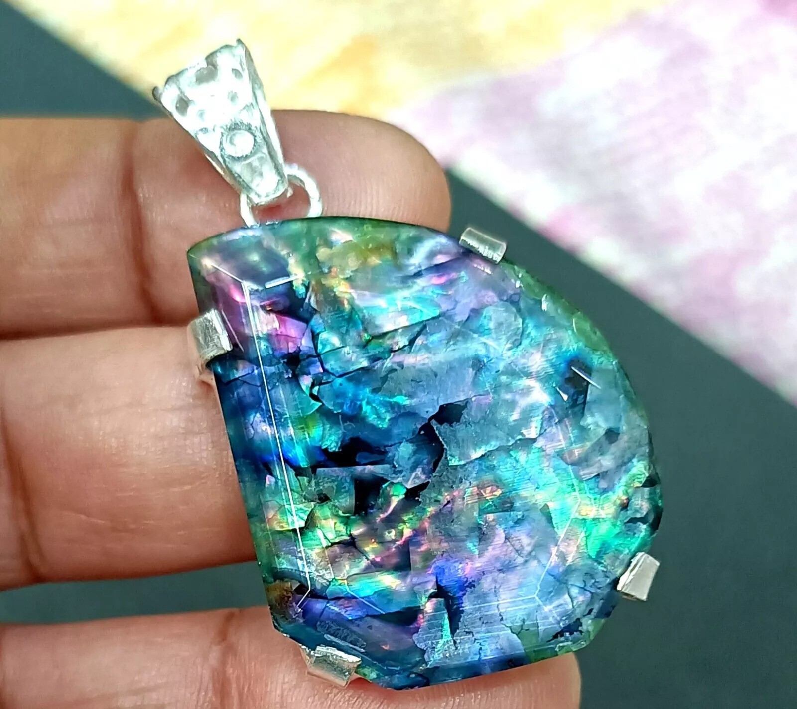 Certified 80.0 Ct Natural Ammolite 925 Solid Silver Pendant Loose Gemstone