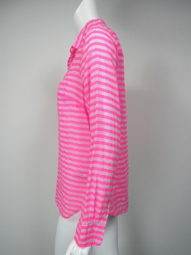 J CREW Hot Pink Stripe Cotton Silk 1/2 Button Popover Shirt sz 4 50352 - Picture 2 of 3