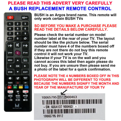 BUSH TV REMOTE CONTROL A REPLACEMENT THAT WORKS MOST BUSH LCD/LED INC SMART TVs - Afbeelding 1 van 3