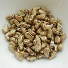 40 Beads - Paisley Duo Two Hole Czech Glass - Chalk Lazure Green