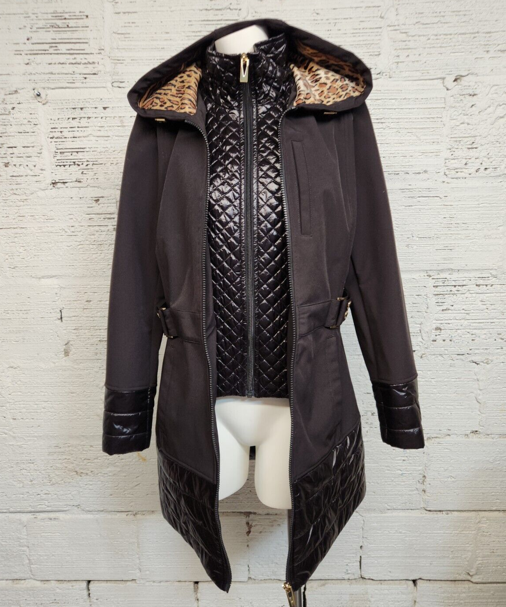 Via Spiga Women's Size XS Hooded Black Leopard Quilted Designer