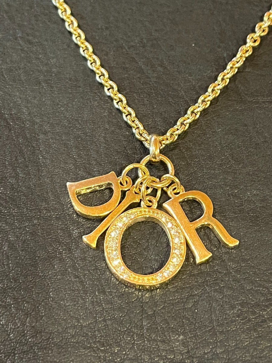 CHRISTIAN DIOR Long Necklace Chain AUTH CD LOGO Vintage Gold