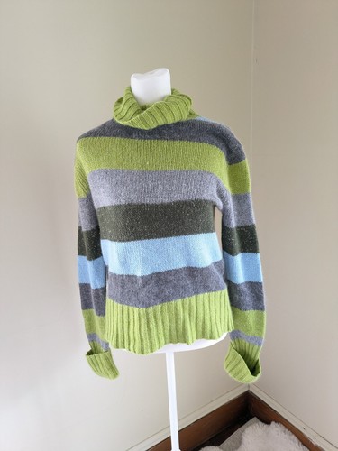 Vintage 90s Chunky Knit Sweater M Turtleneck Striped Glitter Grunge Academic - Picture 6 of 14