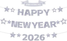 Happy New Year Banner Glitter Silver - Pre-Strung Years Eve 