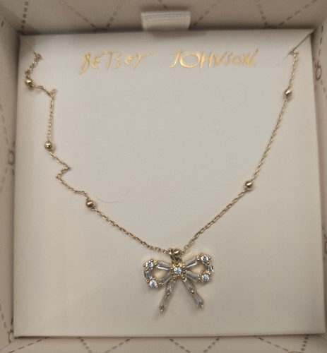 Betsey Johnson Bow CZ Pendant Necklace, Goldtone