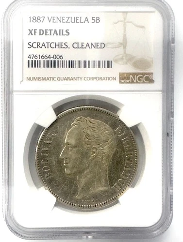 1887 VENEZUELA 5 Bolivares XF DETAILS SILVER COIN 0.900 VERY SCARCE NGC 🐉