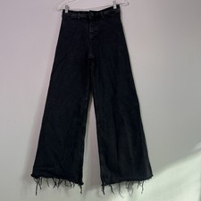 Zara Women's Black Denim Wide Leg High Rise Raw Hem Jeans Sz 4 Flat Front