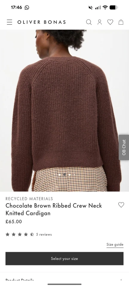 Oliver Bonas Chocolate Brown Ribbed Crew Neck Cardi Size 12 Sealed Brand + Tags - Image 2 of 4
