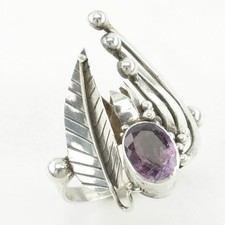 Sterling Silver Ring Amethyst Leaf Purple Size 6 3/4