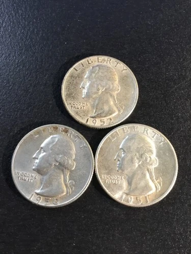 3-Coins 25c SILVER Washington Quarters Proof 1950,1951,1952